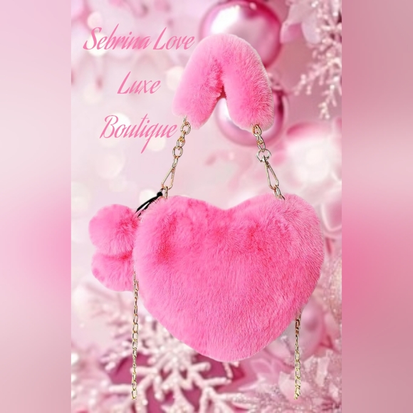 Plush Candy Pink Faux Fur Heart Purse - Picture 1 of 3